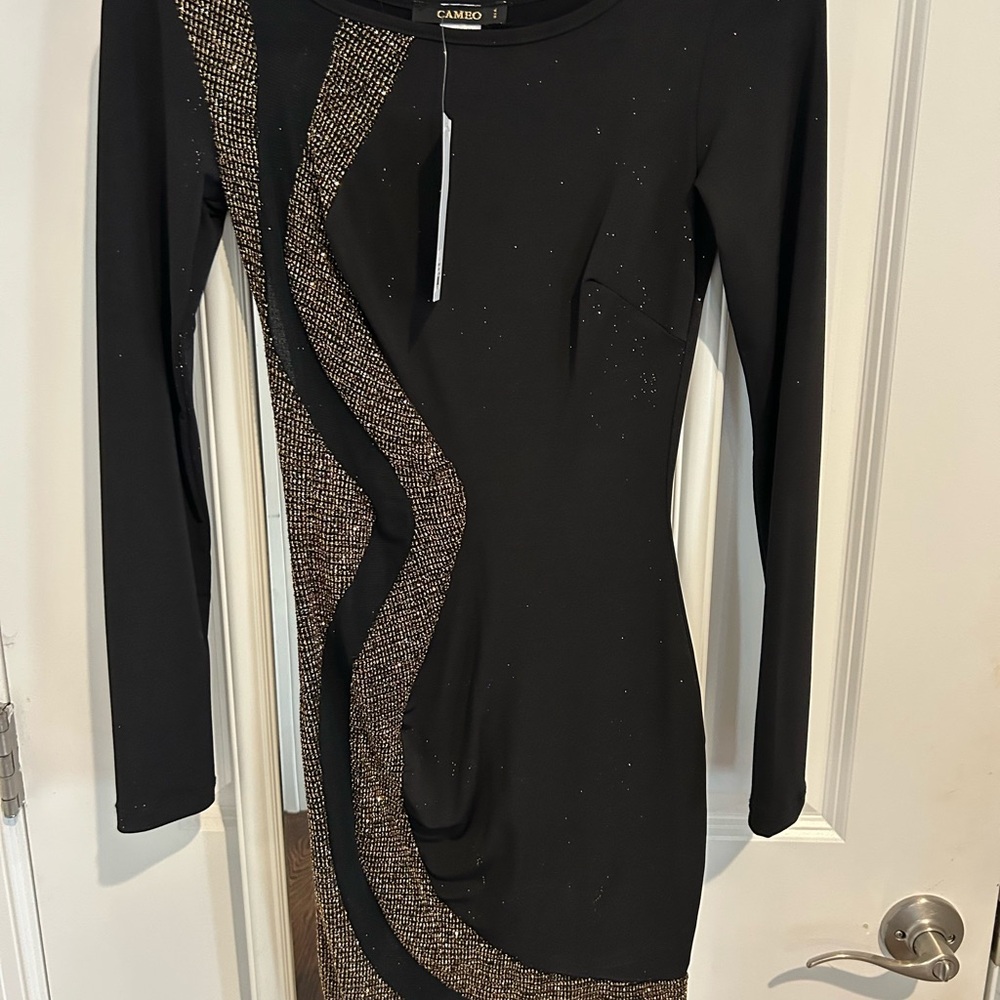 Cameo Black and Gold Bodycon Dress Long Sleeve Crew Neck